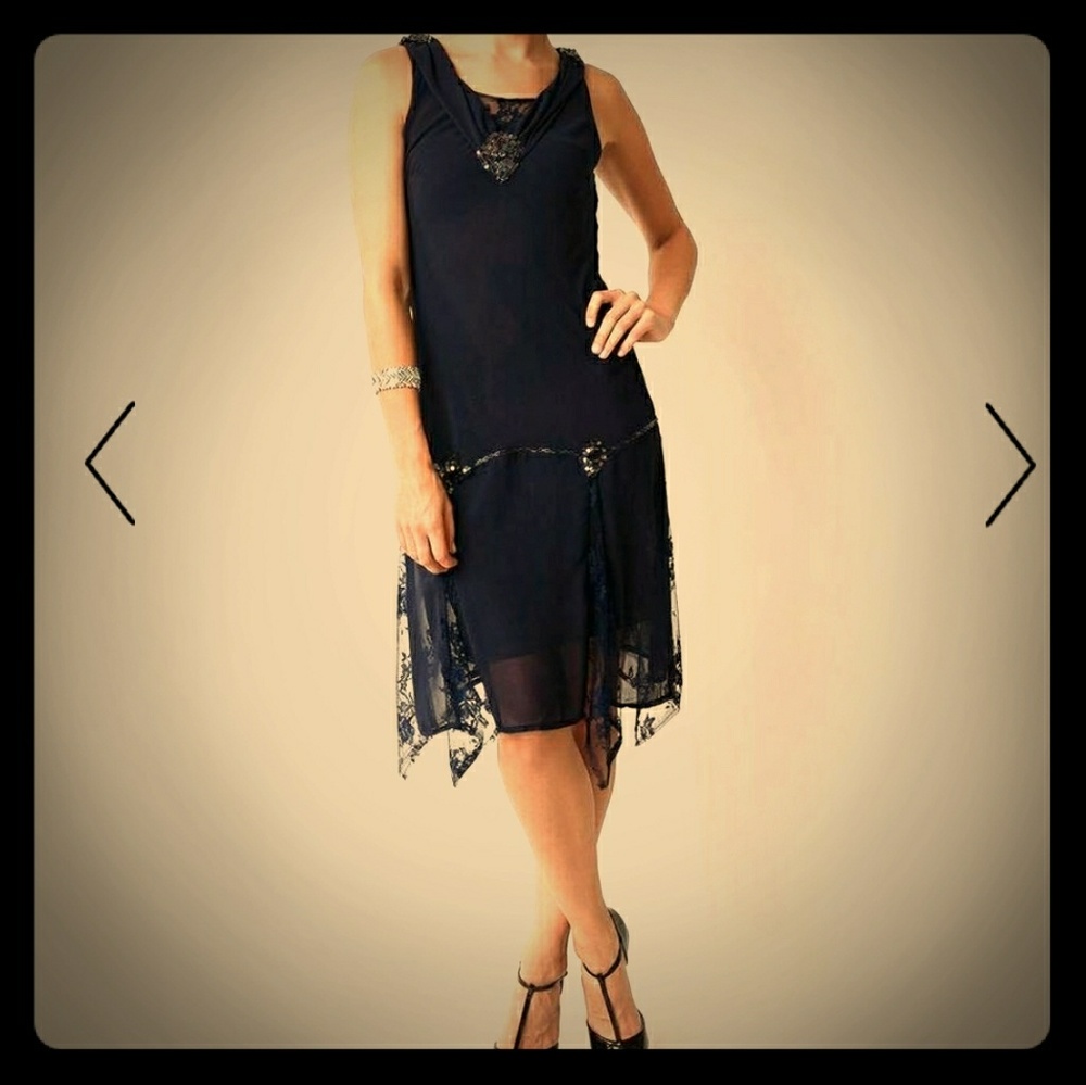 Unique Vintage reproduction navy flapper dress